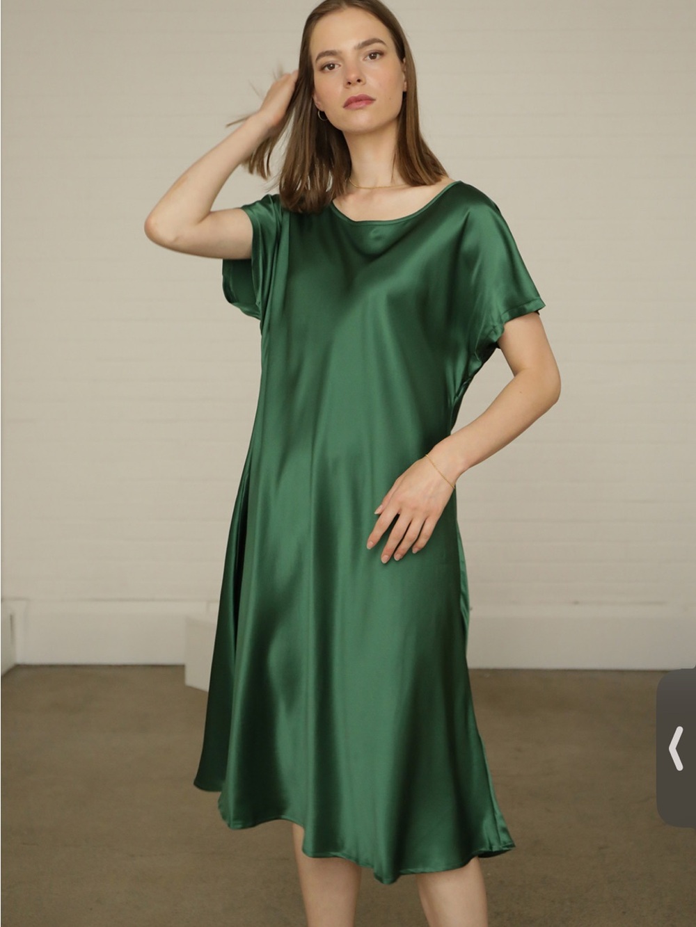 Lora Gene Olive Silk Satin Dress in Forest Green